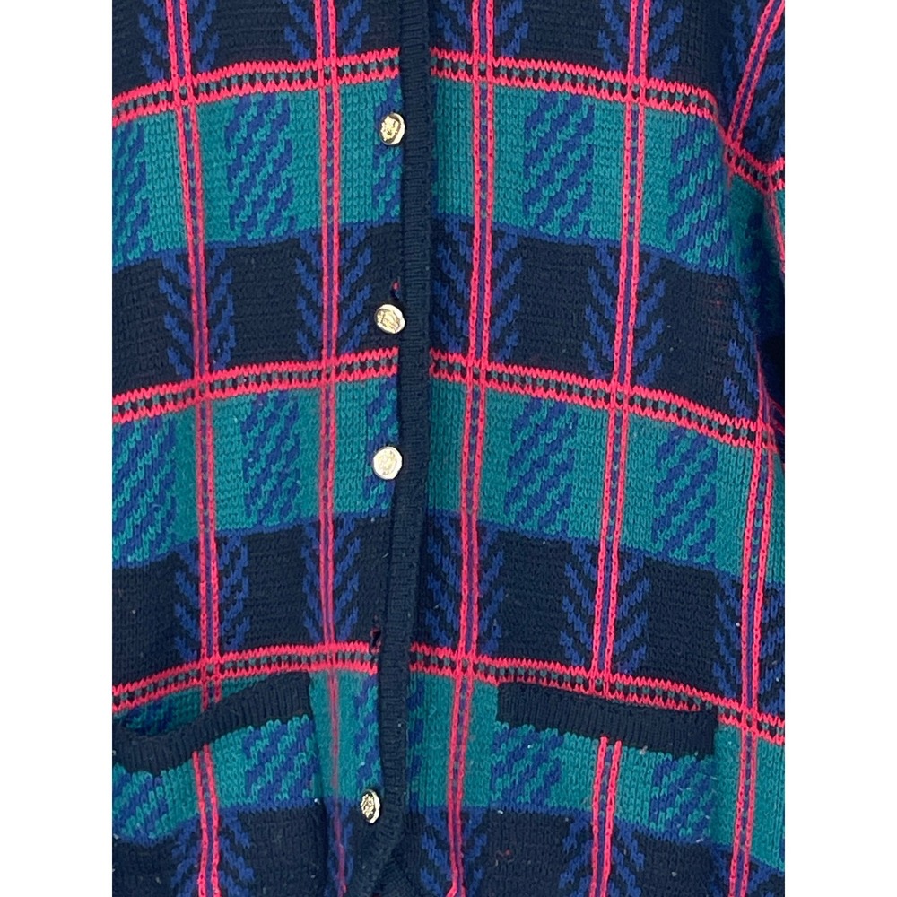 Tally-Ho Womens Cardigan L Sweater Green Plaid Gold Button Vintage Read - Picture 2 of 14